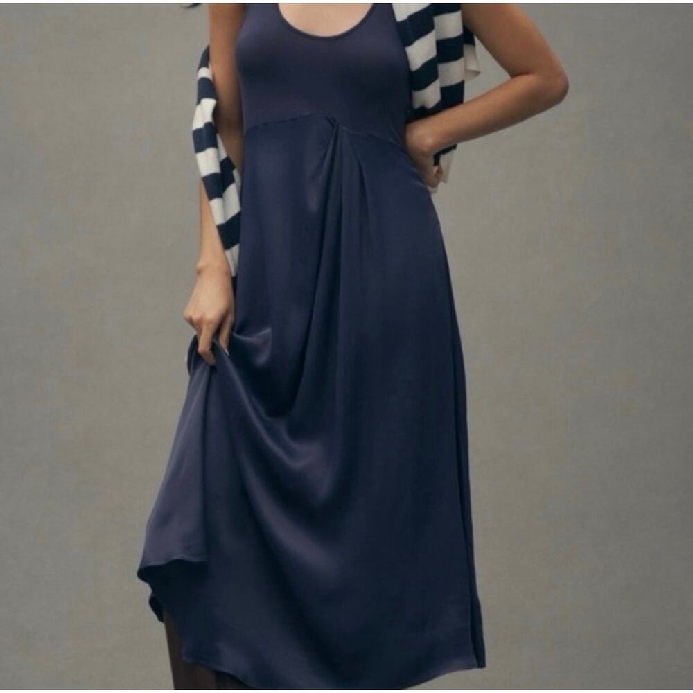 Anthropologie Gemini Mixed Media Midi Dress 1X Plus Blue Tank Satin Asymmetrical - Picture 1 of 7
